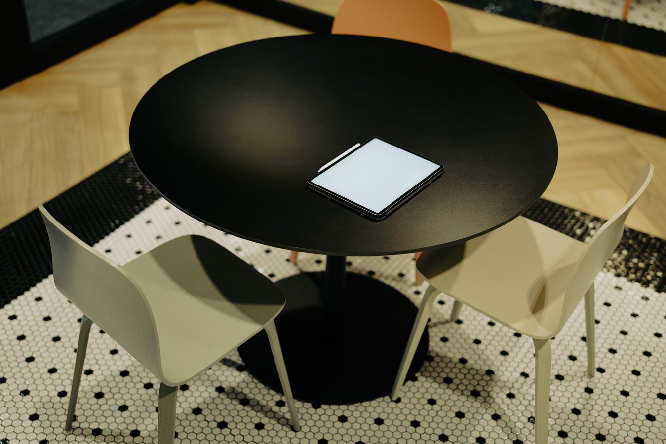 Annotated office workspace showing high-touch zones and compliance risk areas